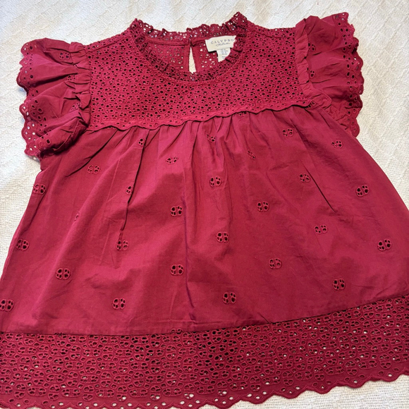 NWOT Calypso St Barth Eyelet Embroidered Blouse Ruffle Sleeve Burgundy Size Med - Picture 3 of 6
